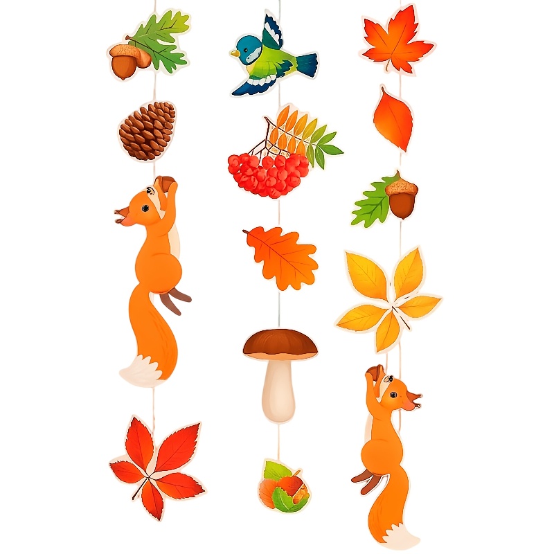 TEMU 14pcs/set Autumn Forest Squirrel Bird Vertical Banner Hanging Ornaments, Maple Leaf Mushroom Berry Thanksgiving Decor Hangingsfor Christmas And