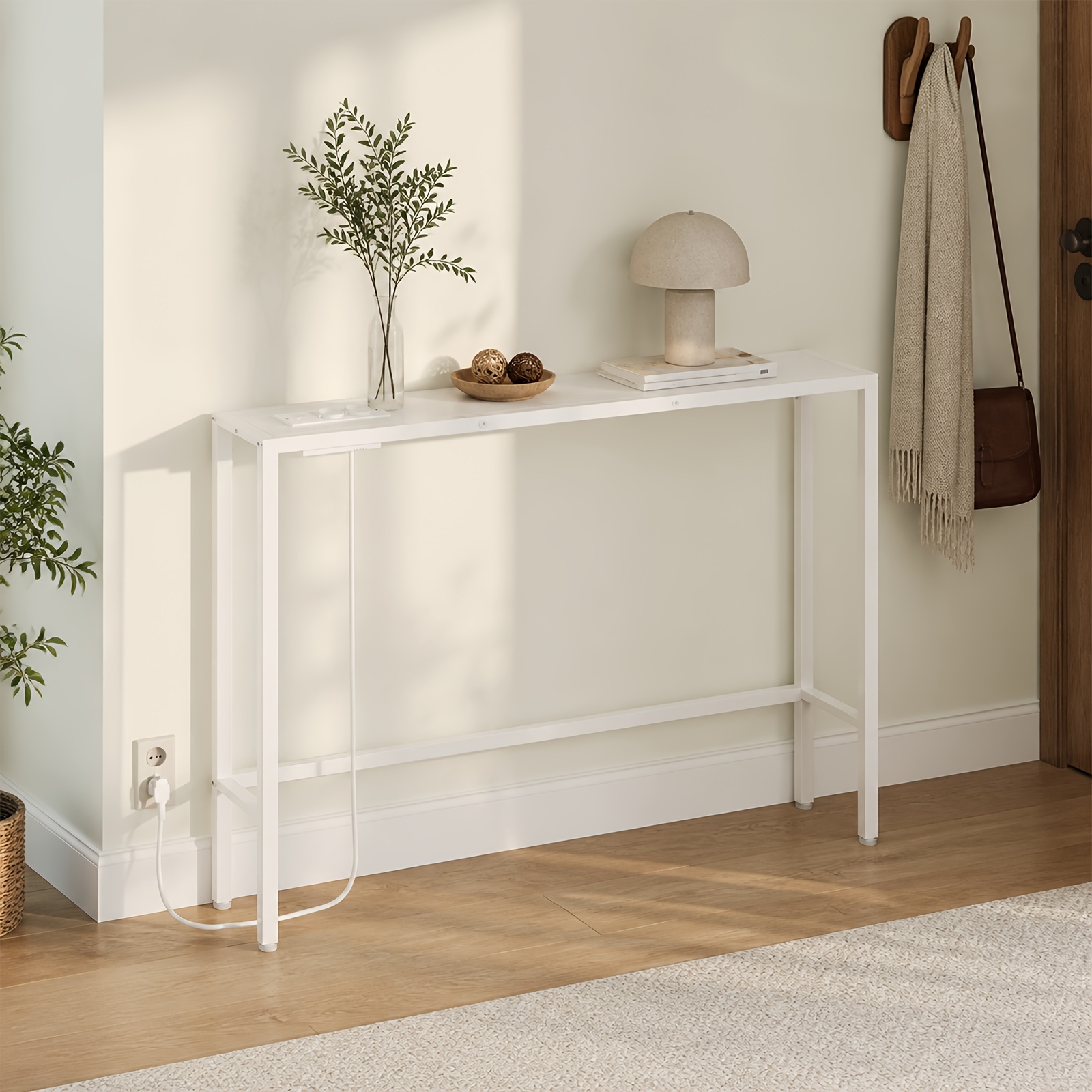 Image of 100 Cm Long Modern Console Table With Charging Station, Narrow Entryway Table, Metal Frame, Usb And Power Outlets For Living Room And Bedroom, Stylish White, Trendy Black, Design, Hallway Table