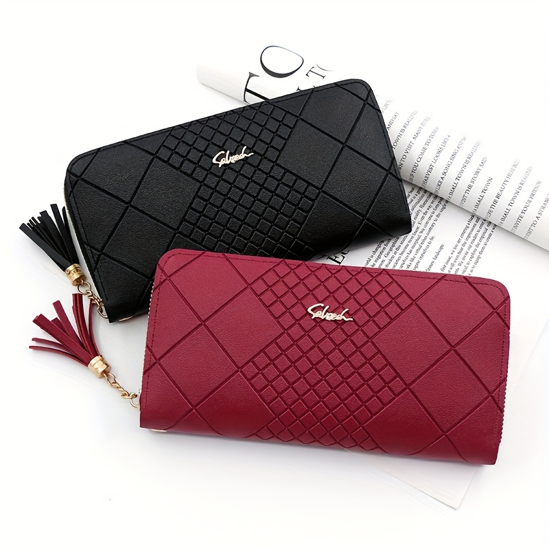 

1pc Korean Style Women's Long Wallet With Tassel, Casual Clutch With Zipper Closure, Polyester Lined, Mobile Phone Holder, Accessory Lanyard - Hand Washable