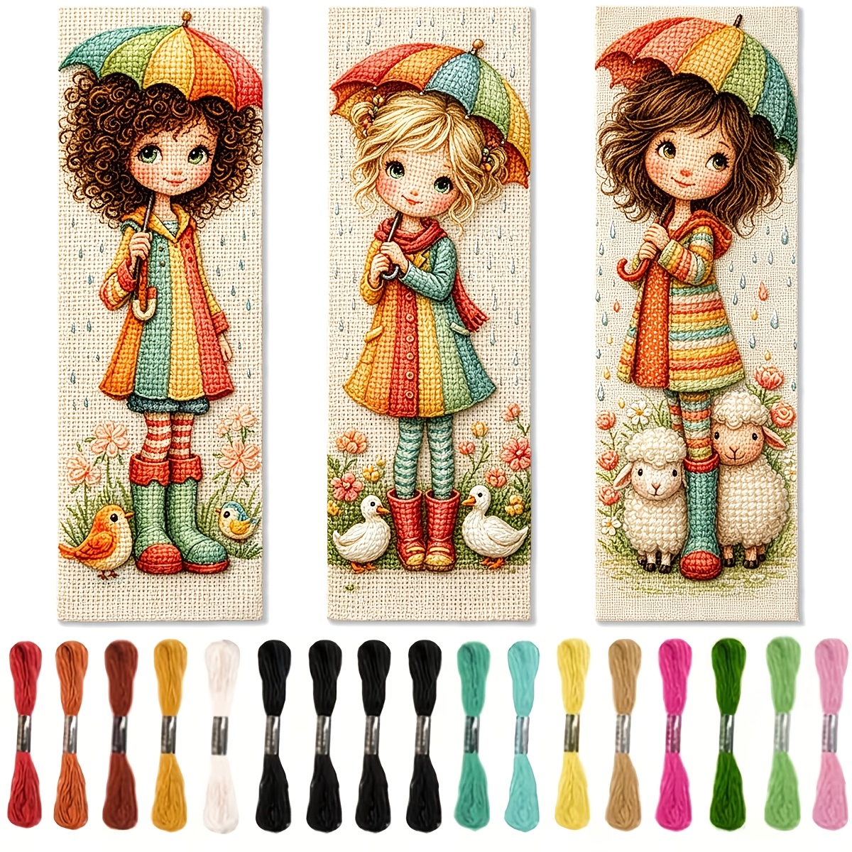 TEMU Kit de 3 marque-pages à broder au point de croix imprimé 11CT, thème Fille avec parapluie, pack de matériel de broderie DIY, inclut tissu à