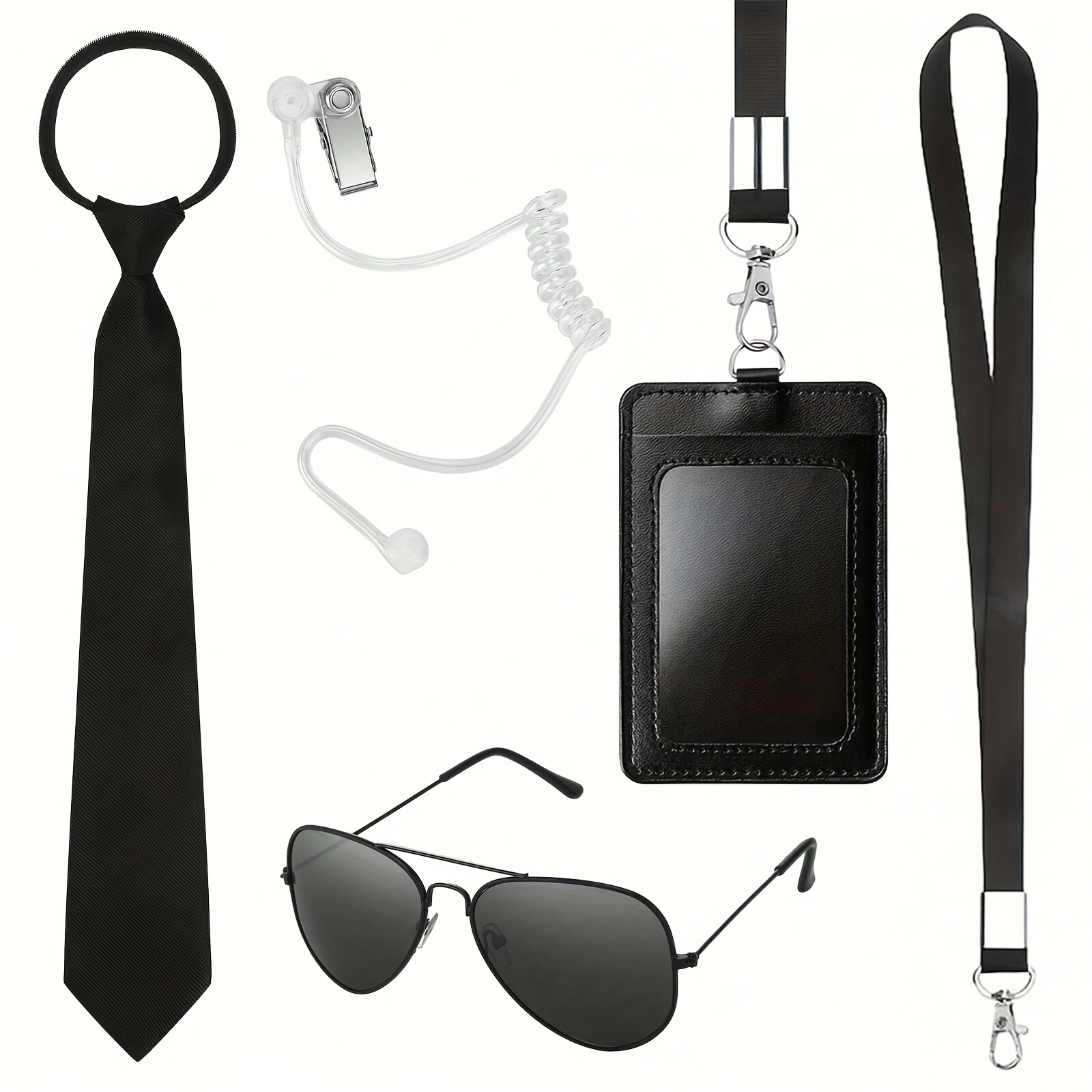 

5pcs Agent Costume Accessories Kit, Adjustable Pretty Zipper Tie, Black Sunglasses, Id Card Badge, Prop Headphones, Secret Security Security Costume, Costume, For Men Boys\party Role Playing Game