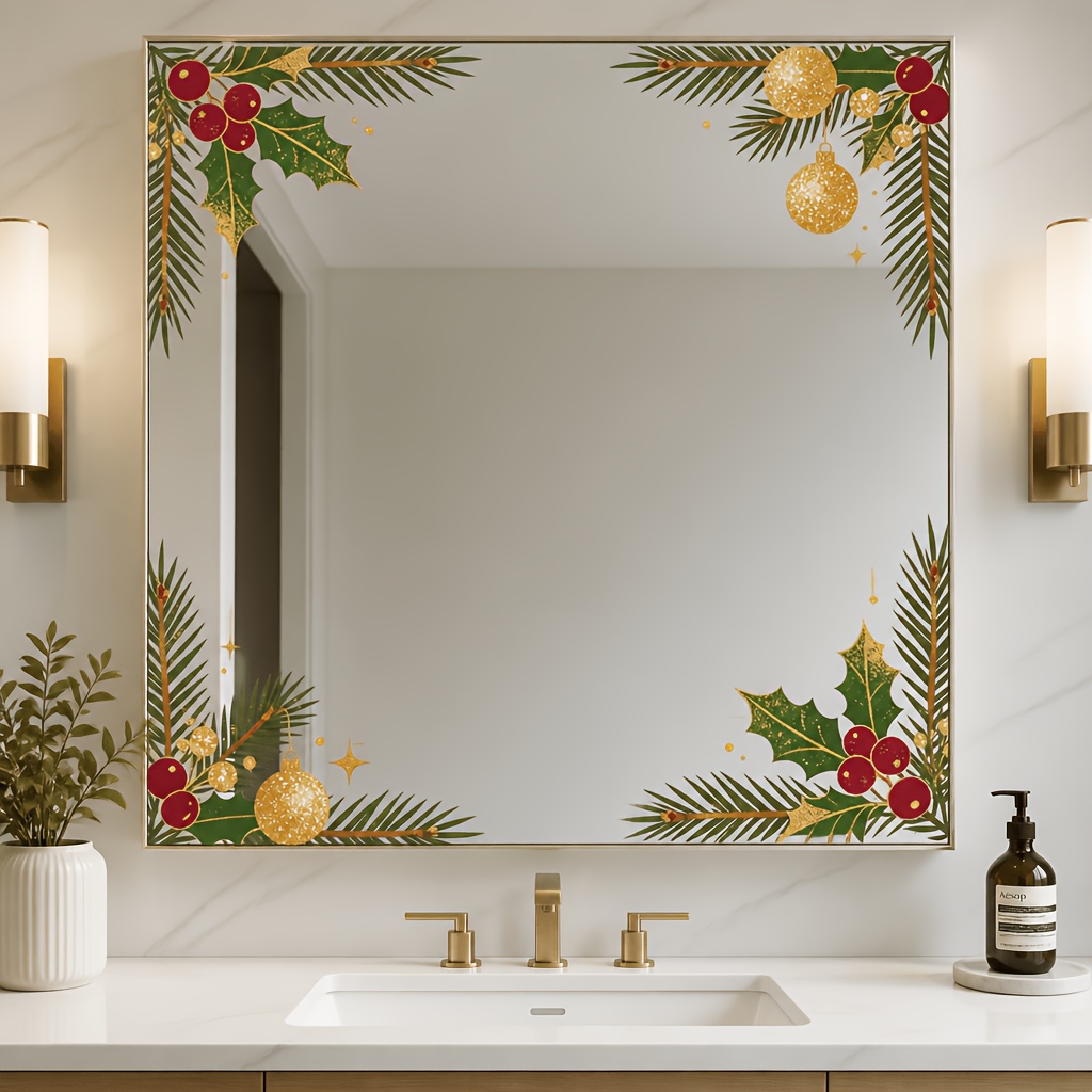 TEMU 2pcs Christmas Glass Wall Stickers, Golden Christmas Ornaments, Pine Branch Window Decals, Removable Pvc Bathroom Glass Stickers For Home,