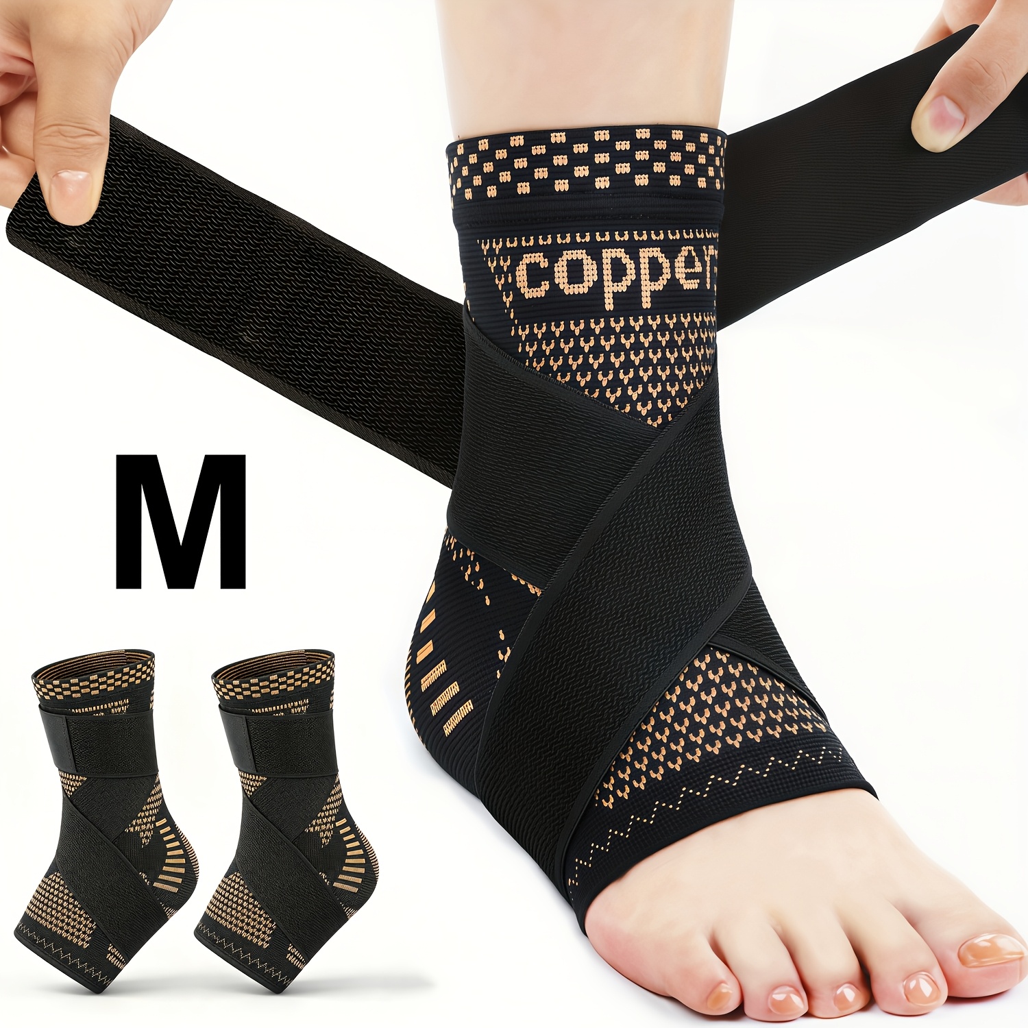 TEMU Lot de 2 attelles de cheville réglables infusées de cuivre pour hommes et femmes, manchon de soutien de compression avec sangle stabilisatrice,