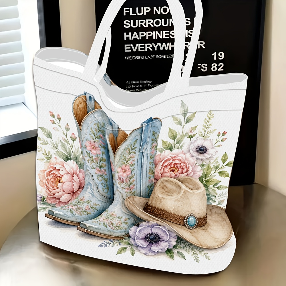 TEMU 1pc Women's Western Cowboy Boot & Floral Tote Bag/clutch - Large Capacity Hemp Handbag Suitable For Travel, Parties, Daily Use, Machine Washable