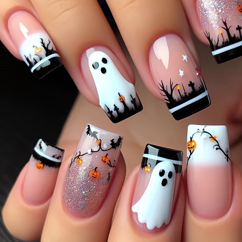 TEMU 24pcs Press-on Nails With Halloween Style Reusable Artificial False Nails For Women Elegant Glitter Stylish Manicure French Tip Nails Easy Application Cute Nails Bride Nails Wedding Nail