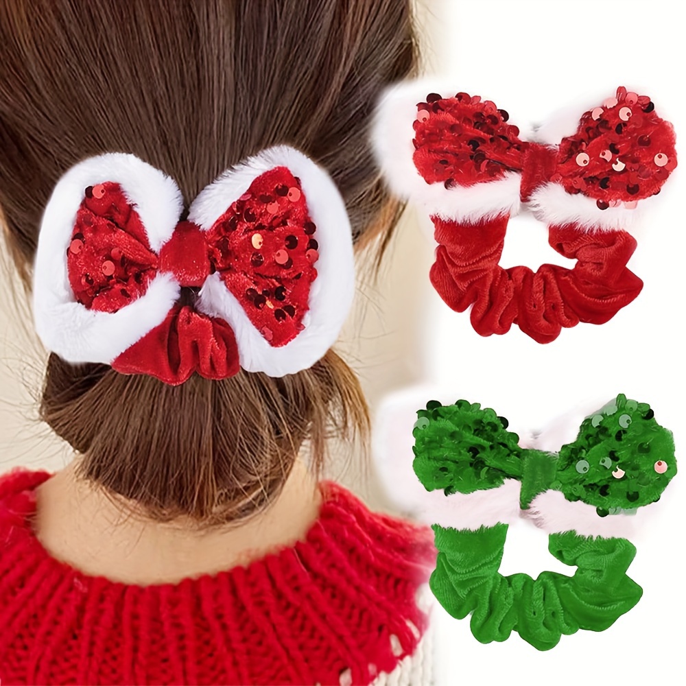 

2pcs Christmas Sparkle Bow Hair Ties - Plush Scrunchie Set For Women, High Ponytail Holders With , No - Vintage In Red/green