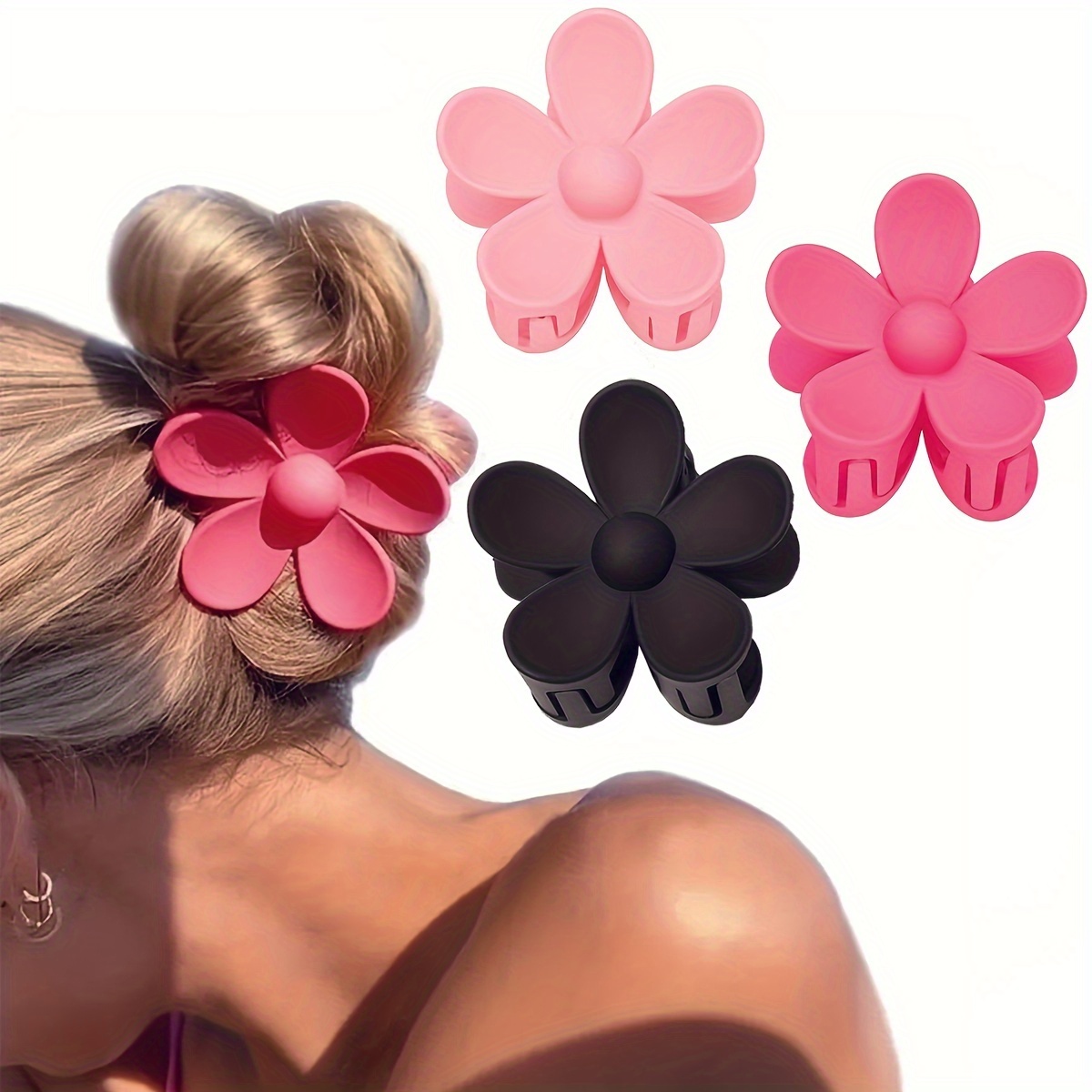 

3 Pcs Flower Hair Clips - Plastic, Elegant, Cute, Round, , Medium Size, Suitable For 14 And Up, Set Of 3