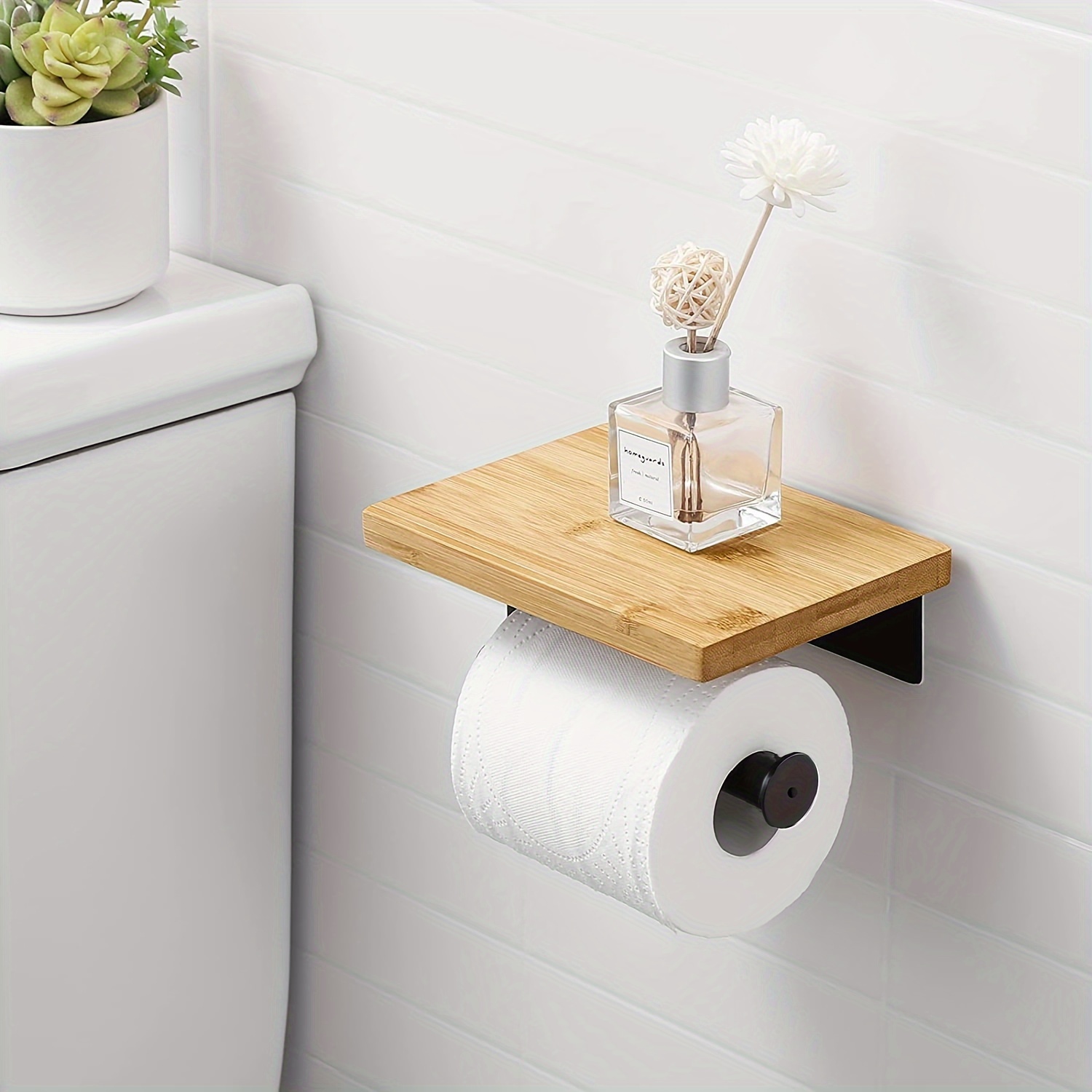 

Wooden Toilet Paper Holder With Shelf - Self-adhesive Wall Mount, No-drill Installation, Roll Compatible, Bathroom Storage Accessory With Smartphone Stand