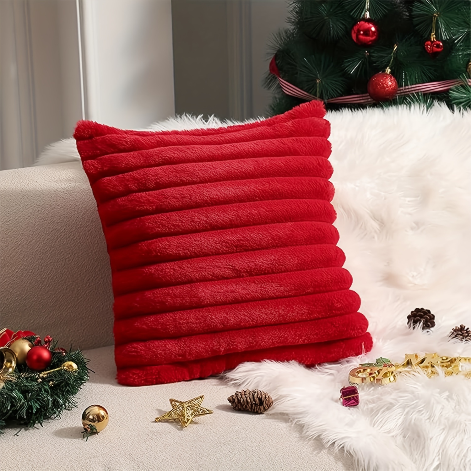 TEMU 1pc Fur Plush Throw Pillow Cover - Fluffy Striped Winter & Christmas Decorative Cushion Case With Zipper Closure For Sofa & Bed, Hand Wash Only,