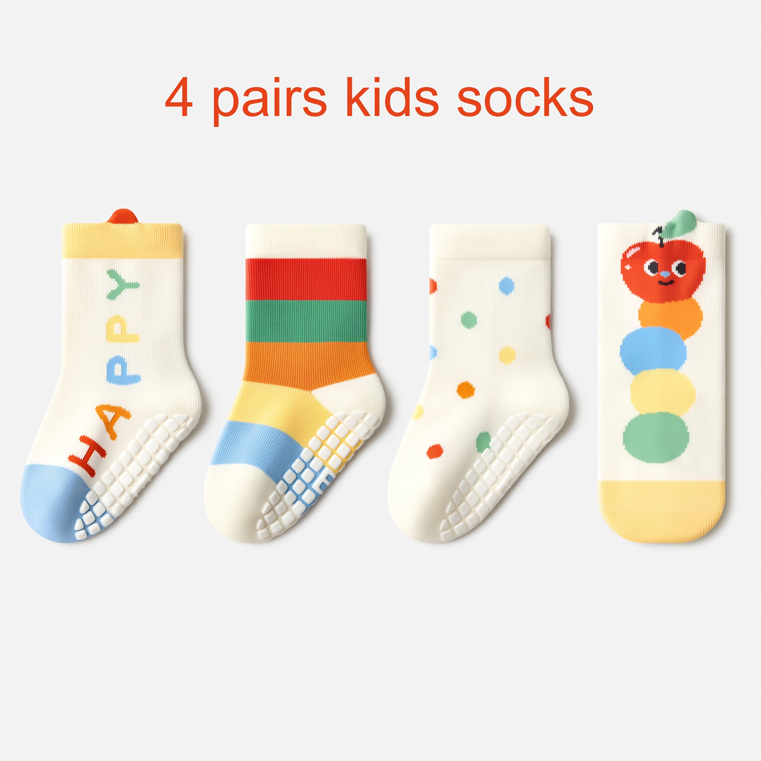 Beibi 4-pair Pc Floor Socks Colorful Striped Polka Dot Alphabet Print Mid-calf Socks Indoor Non-slip Socks With Rubberized Soles Use, Suitable For And Toddlers -6 Years