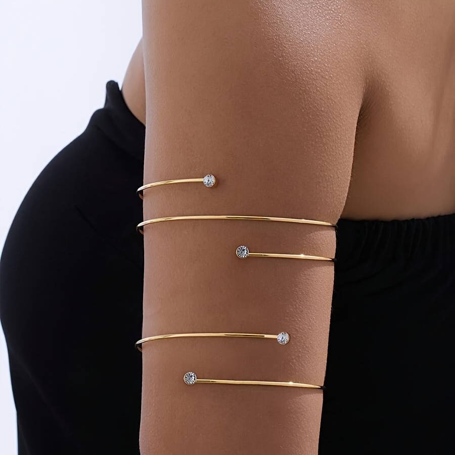 E-shop 2 Stücke Metall Minimalistisch Elegant Geometrische Doppelschicht Strass Arm Manschette Einfachschicht Armband Set, Verstellbare Öffnung für