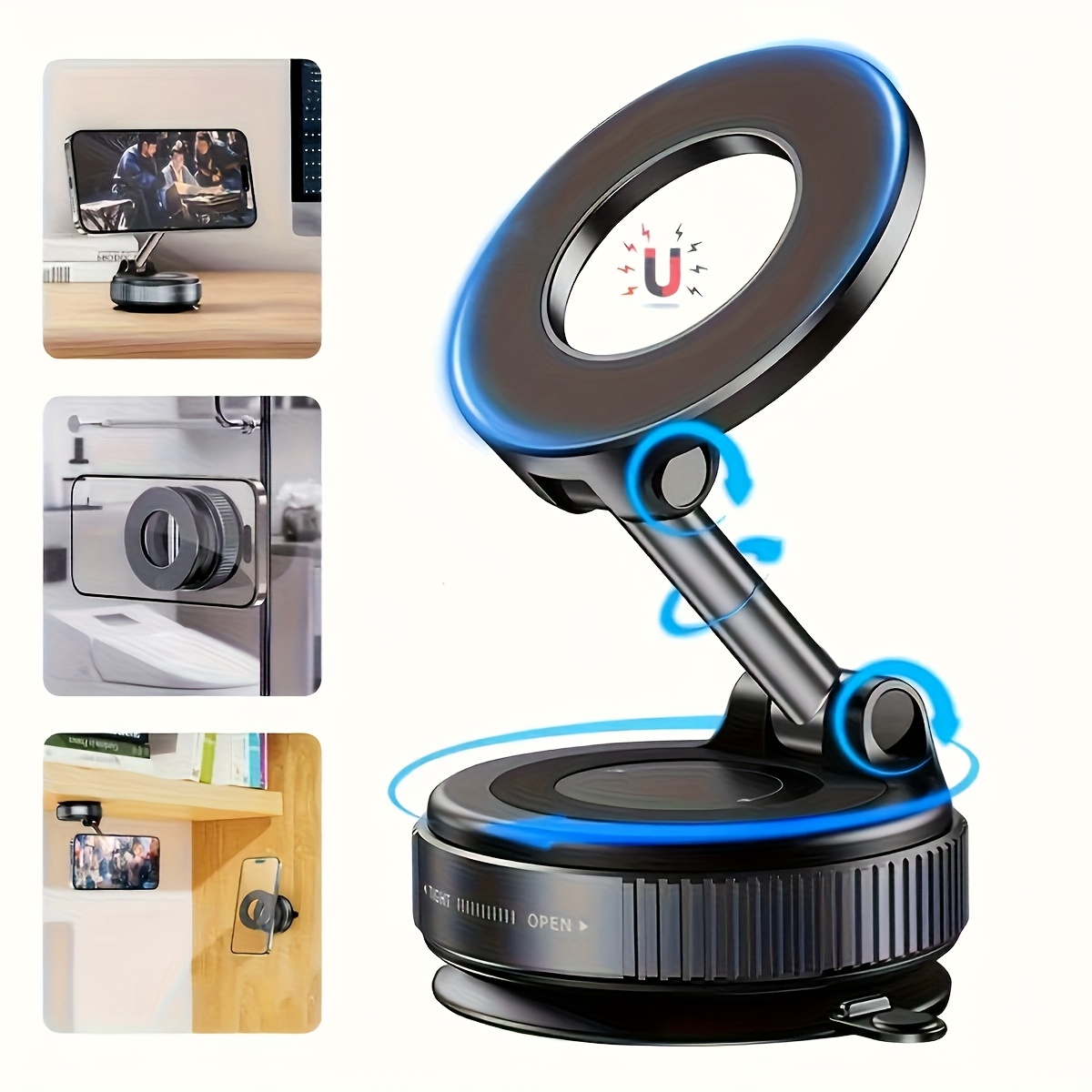 E-shop 360° drehbarer vakuummagnetischer Autohandyhalter, tragbare Saugnapf-Autohalterung, verstellbarer klappbarer Autohandyhalter, kompatibel mit