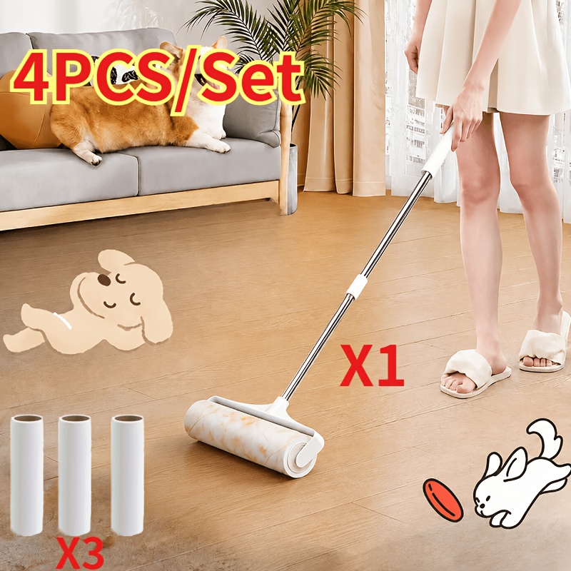 TEMU 4pcs Set (3 Rolls Of Adhesive 1 Long Handle Adhesive Brush, Extendable Clothing Adhesive Brush, Household Floor Cleaning Tool, Suitable For