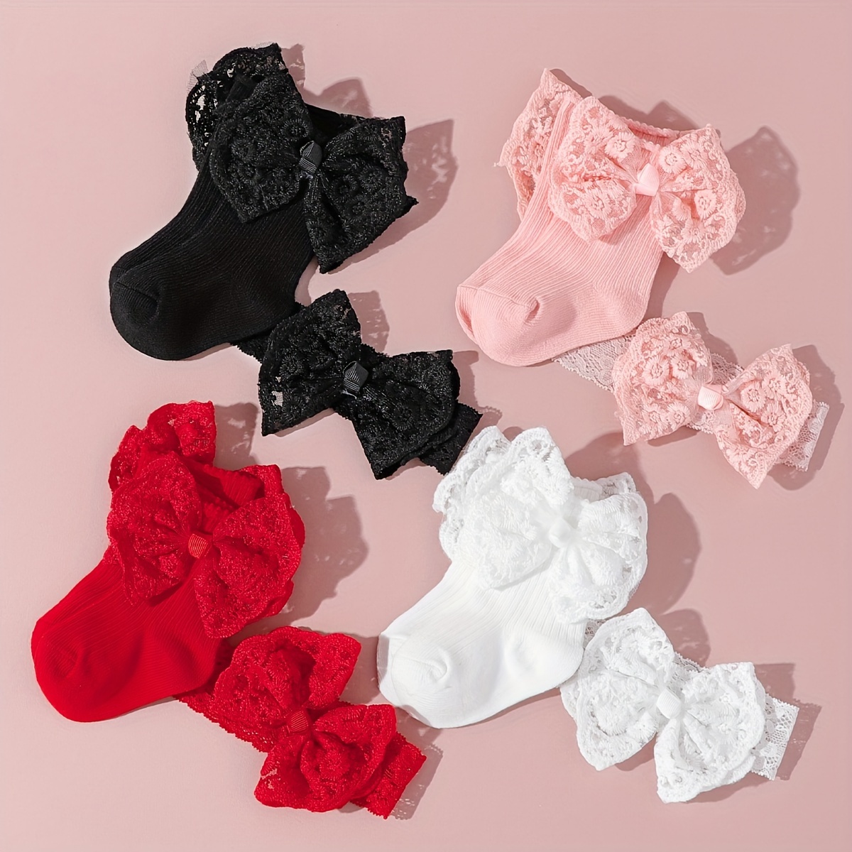 TEMU Bowknot Pairs Baby Girls Short Socks & Headband, Comfy Breathable Sweat Resistant Anti-odor Socks For Spring Summer