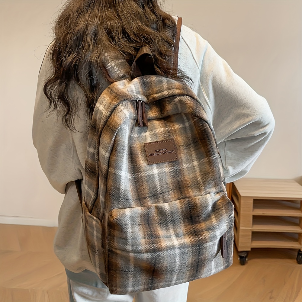 

Women's Trendy Korean Vintage Plaid Backpack, Nylon, College Style, Non-washable, Red, Casual Shoulder Bag With Adjustable Straps, Zip Closure, Polyester Lining, 85cm Strap Length