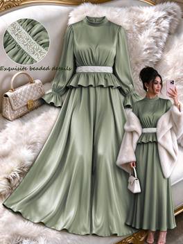 elegant womens cocktail party wedding new arrival dress featuring exquisite beaded waist detailing lantern sleeves and a large a line flared hem this long sleeve maxi dress is perfect for christmas holiday and date night outfits