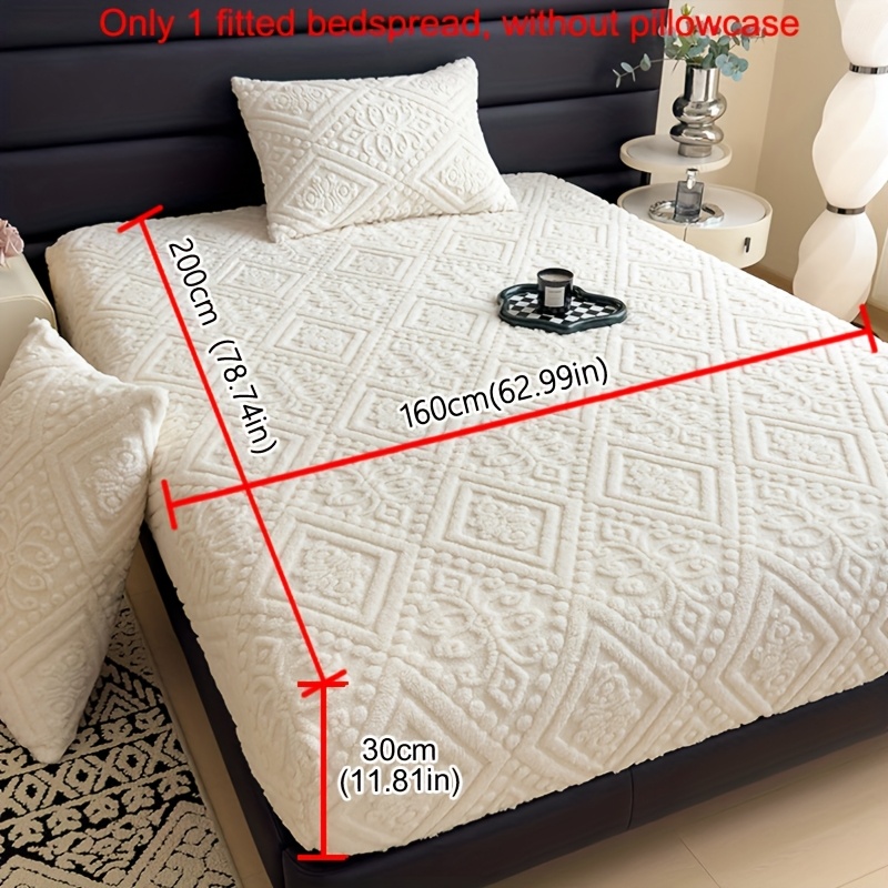 TEMU 1pc Of Solid-color Thickened Warm -lined Fitted Sheet, Bedroom Three-dimensional Cut-out -lined Bed Cover, Mattress Cover, Mattress Topper,