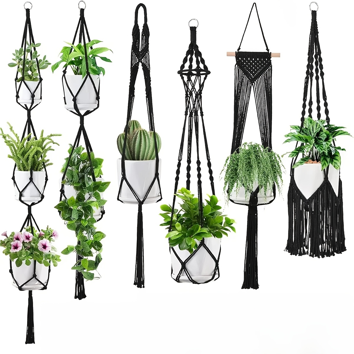 

Lot de 6 Porte-Plantes Macramé Tissés à Chic - Supports de Pots de Fleurs Polyvalents pour Intérieur/Extérieur, Tailles et Couches Assorties pour la Décoration de