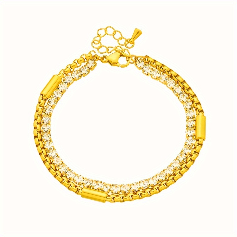 Golden Tone Rhinestone Double Chain Bracelet for Parties & Gifting