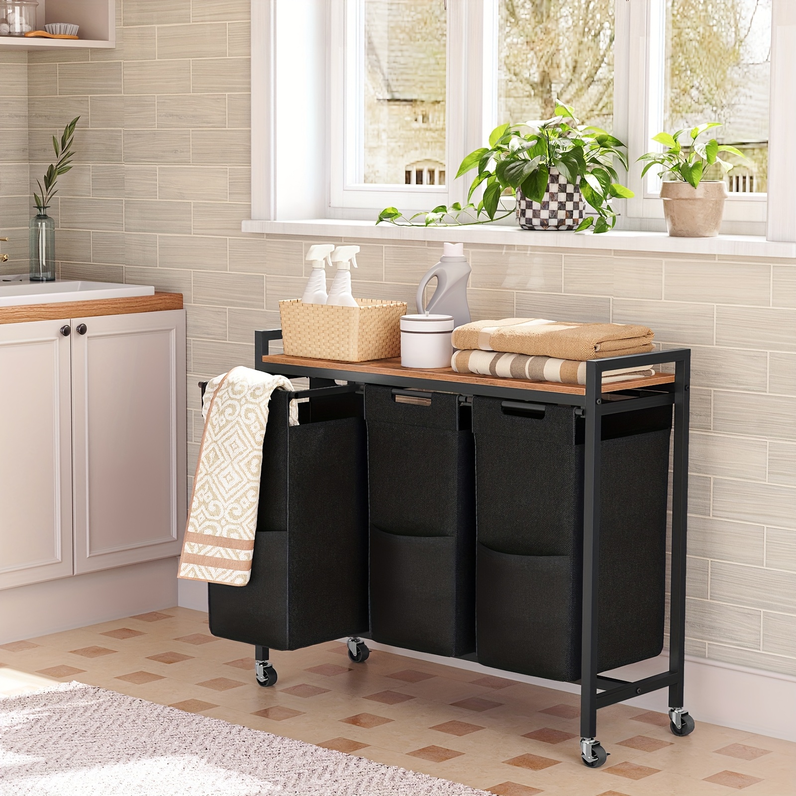 3-Compartment Laundry Basket with Shelf, Oxford Fabric Trolley
