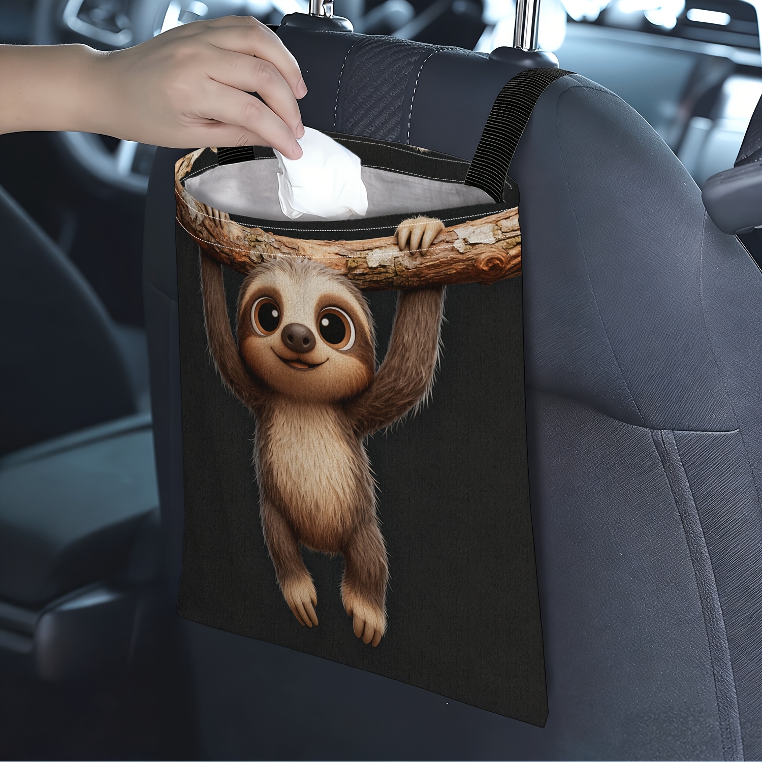 TEMU 1pc Car Trash Bag, Cute Sloth Hanging Branch Theme Printed Car Trash Bag, Hanging Style, Space-saving, Universal For Front And Rear Seats