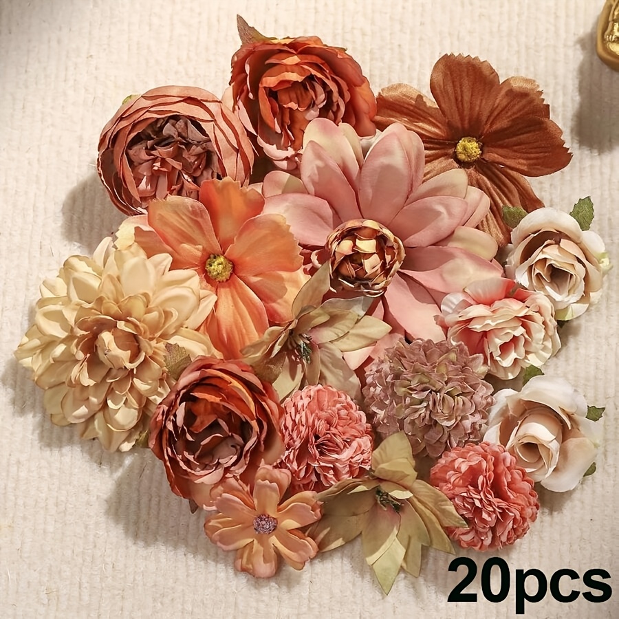 TEMU Lot de têtes de fleurs artificielles en gros - Marguerites et dahlias en soie marron et orange, fleurs artificielles d'automne pour loisirs