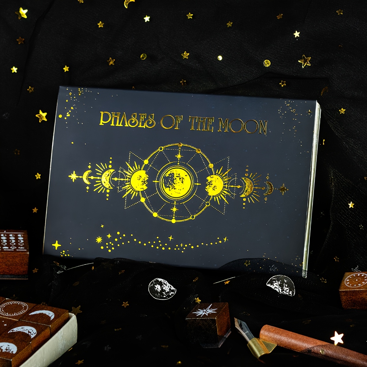 Image of 30pcs Wooden Moon Phase Calendar Stamp Set, Adjustable Perpetual Calendar Planner Date, Week, And Month Stamp, Creative Starry Sky Diary Diy Tool Kit, Gift Stationery