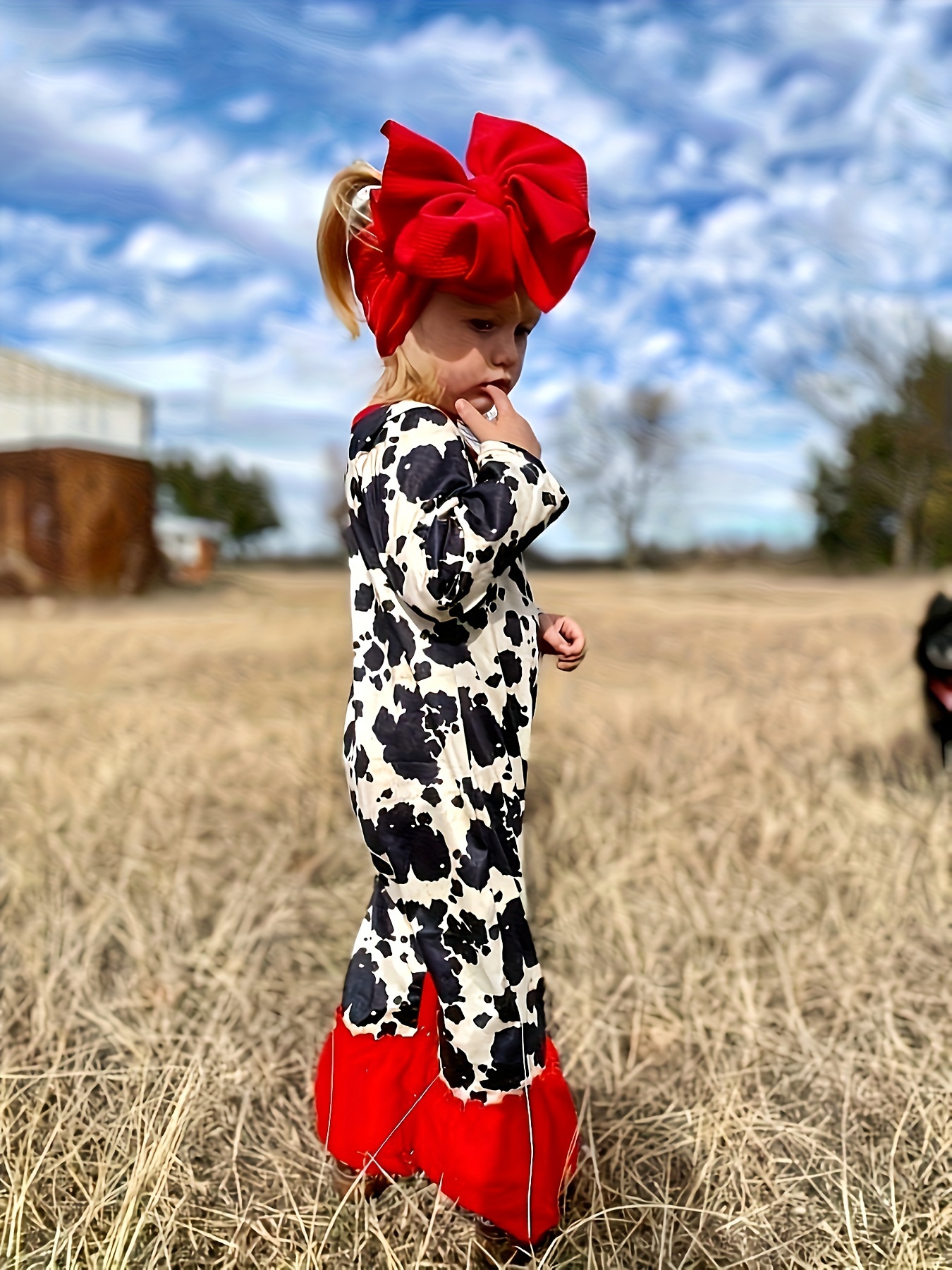 Girls' Cow Print Jumpsuit 180g Fur Winter Romper with Long Sleeve  Full-Body Cow Pattern (*/Red), Soft Outfit for