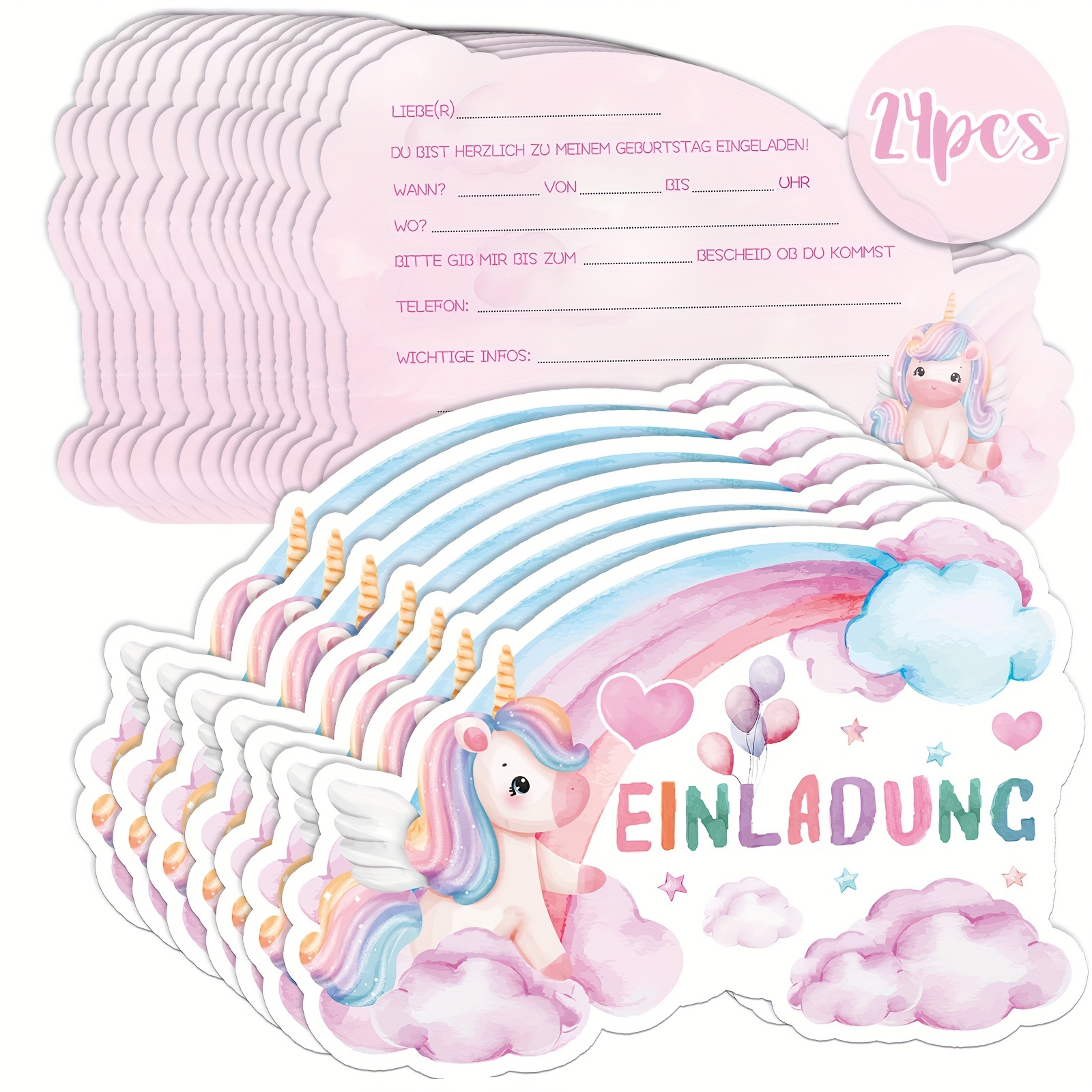 

24pcs Unicorn Birthday Invitations With Envelopes, Cartoon Rainbow Personalized Greeting Cards For Kids Birthday Party, Paper Invite Cards For Any Recipient, Style With