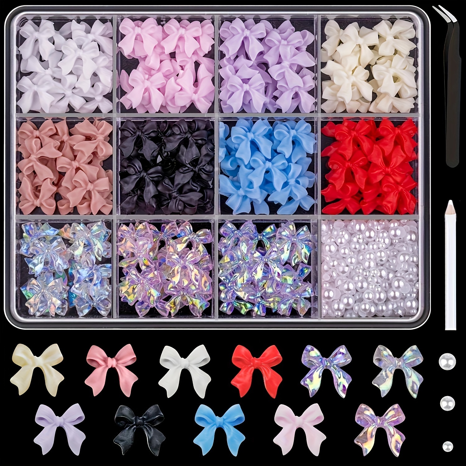 

500 Pcs 3d Nail Charms And Flatback Pearls Multi Styles Bowknot Charms + Pink&white Star Heart Nail Jewels + 2-6mm White Nail Pearls For Nail Art Design With Pickup Tools