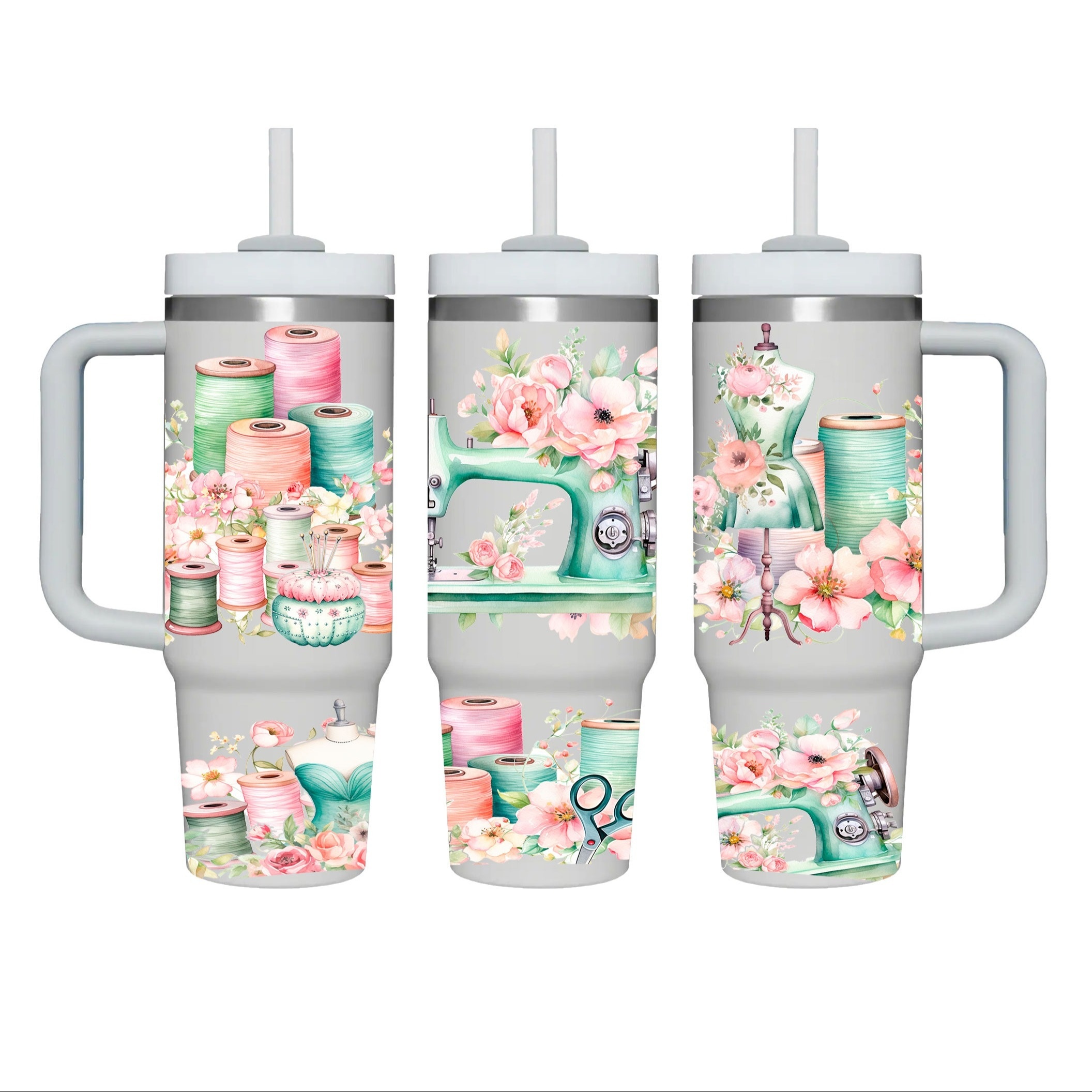 

Vintage Sewing Machine And Flowers Waterproof Sticker Set For 40oz Travel Mugs - Diy Decor