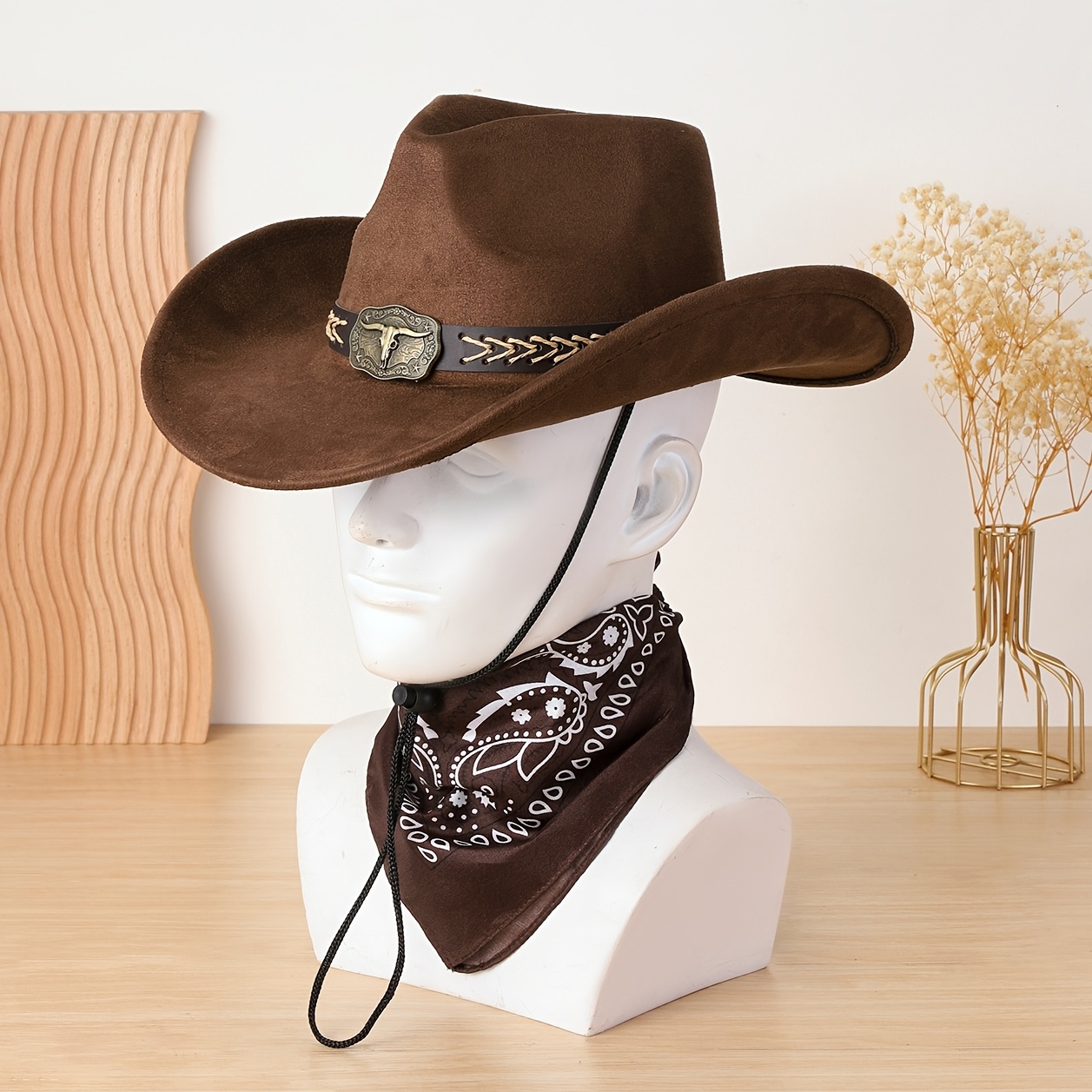 TEMU Set de 2 piezas de sombrero vaquero y bandana de gamuza sintética con decoración de cabeza de y cuerda trenzada - Cordón ajustable cortavientos,