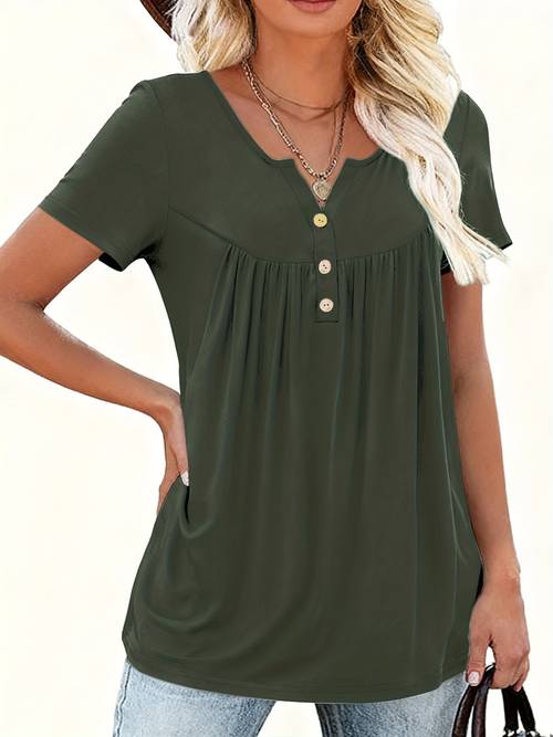 Women's Casual Button-Front Blouse - Short Sleeve Round Neck Solid Color Top with Flared Hem, Machine Washable Summer Comfort Fit, Relaxed Fit Clothing, Flowy Fabric