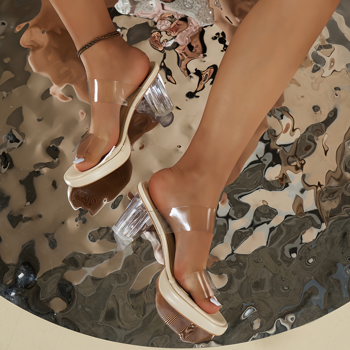 Women'* Block Heel Shoes Glossy Clear Synthetic Cover Open-Toe High  Heel with Arch, Comfortable Cushioned Insole Sturdy Rubber Sol