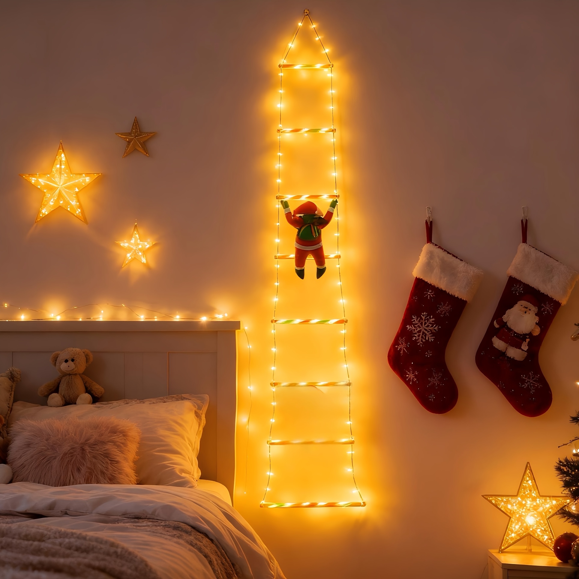 2026 Nieuwe Warm Wit/Kleurrijke Kerstman USB Ladder Verlichting - Afbeelding 10