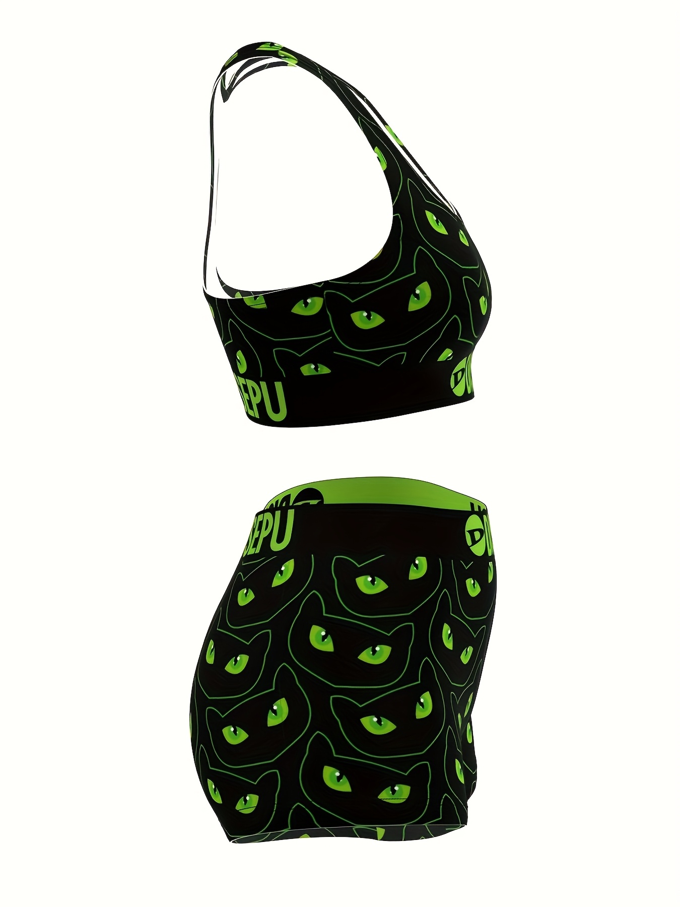 Women's Black Cat Eye Print Sports Bra And Shorts Set, Neon Green Gothic  Activewear for Gym, Yoga, Running, Halloween, Festival, High Stretch 2pcs  Wor