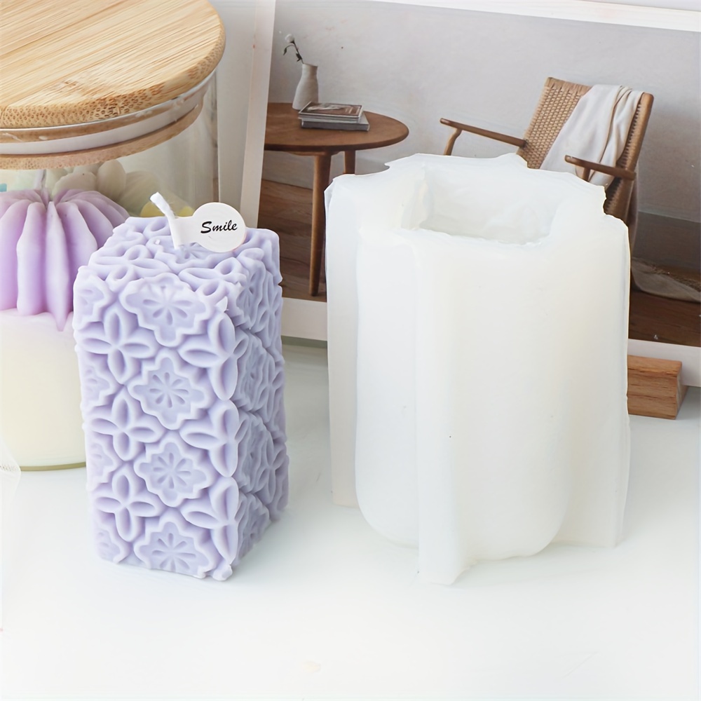 Image of 1pc Creative Flower Pillar Candle Silicone Mould Square Carved Flores Pillar Candle Molds For Epoxy Resin Casting Diy Wax Craft Scented Candle Making Plaster Mold