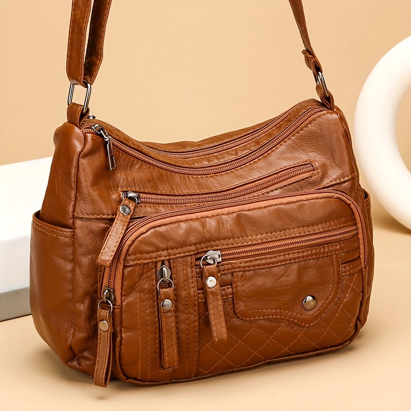 

Women's Casual Large Capacity Soft Faux Leather Shoulder Crossbody Bag With Adjustable Strap And Multiple Zip Pockets