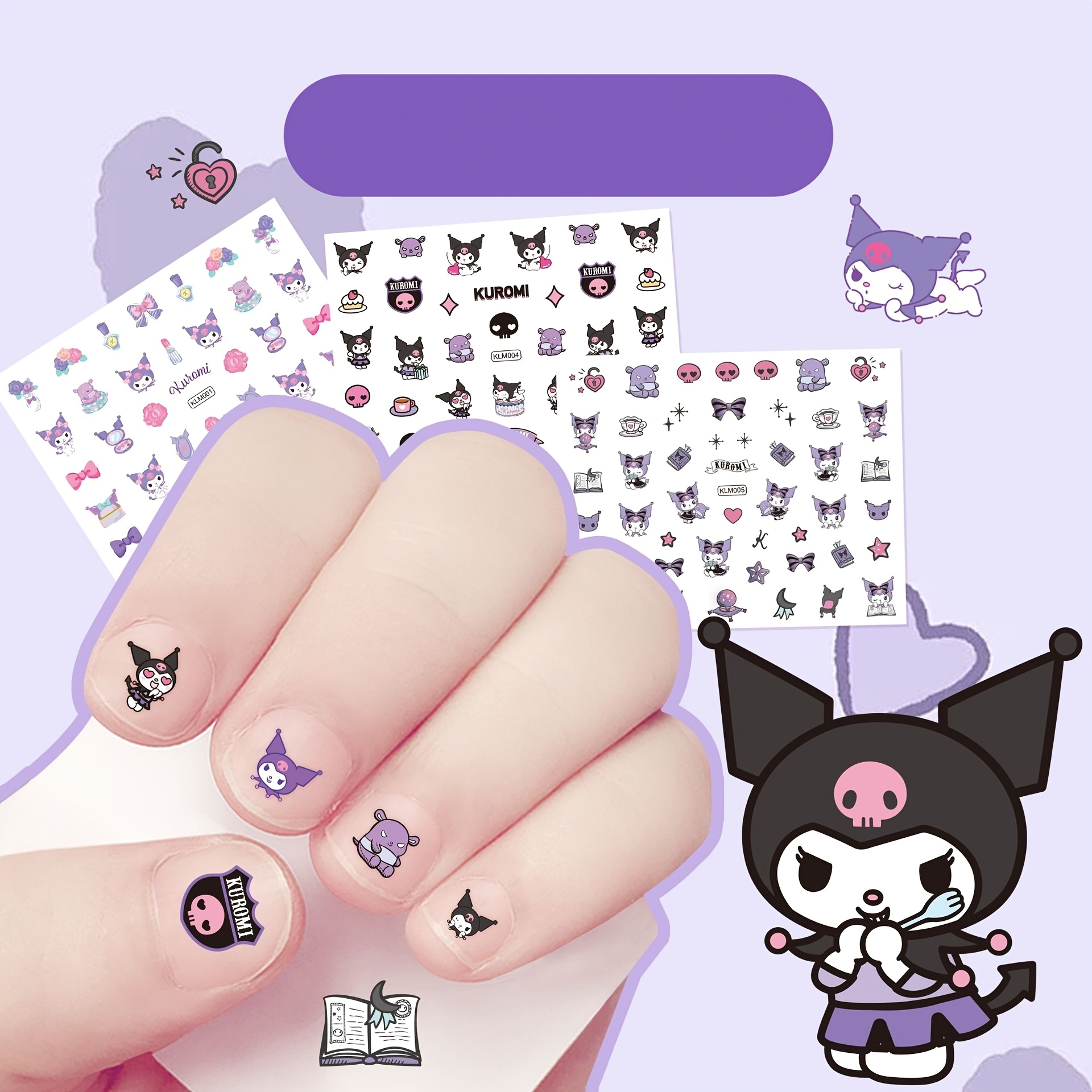 

5pcs Sanrio Anime Nail Stickers, Cute Cartoon Kawaii Nail Art Decals, Self-adhesive Plastic Nail Embellishments With Glitter, Matte , Irregular Shape, Single Use - Unscented