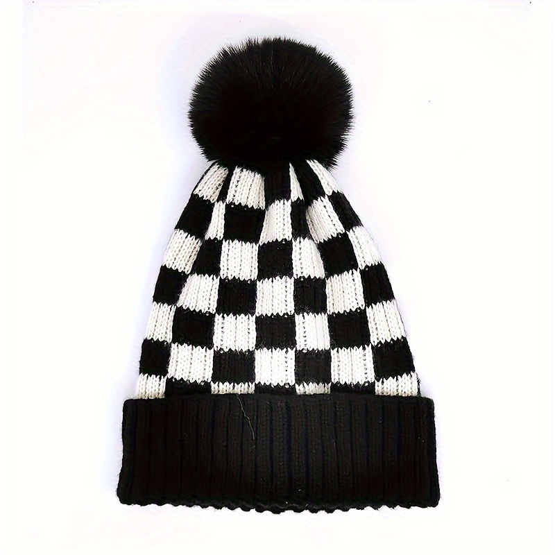 

Fashion Plaid Knit Beanie With Pom-pom - Warm & Stylish Winter Hat For Men And Women