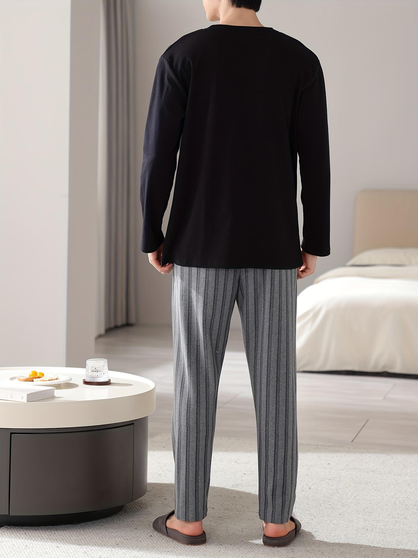 1set Men'S Casual Cotton Pajama Set, Long Sleeve Round Neck Sleepwear with Pockets, Loose Fit Knitted Pullover for Spring/Autumn - Comfortable Thin Cotton Outfit