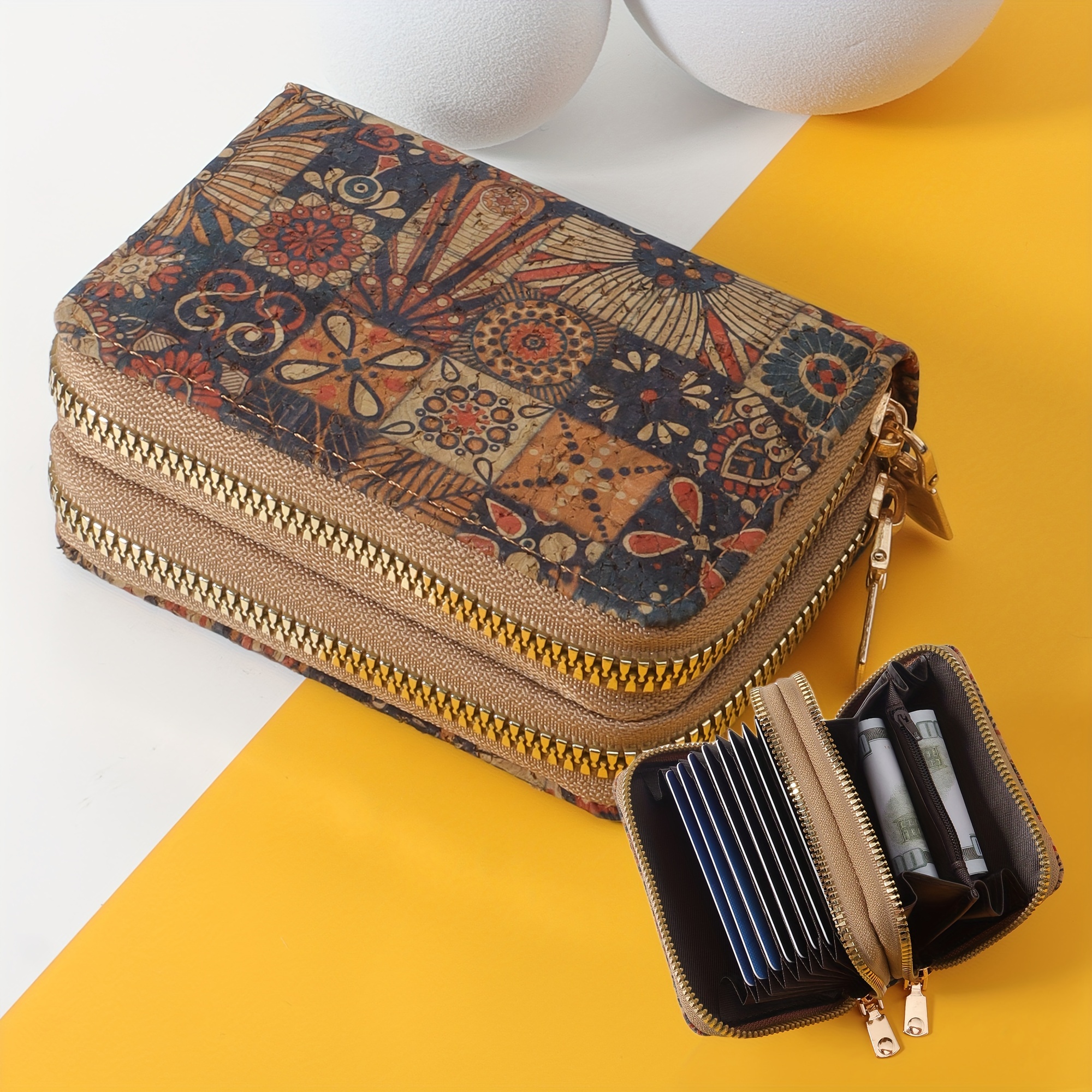 

Bohemian Style Pu Leather Card Holder Mini Wallet, Double Zipper Multi-card Slot Organizer, Casual Fashion Accessory, Coin Purse(4.3''x 1.6'')