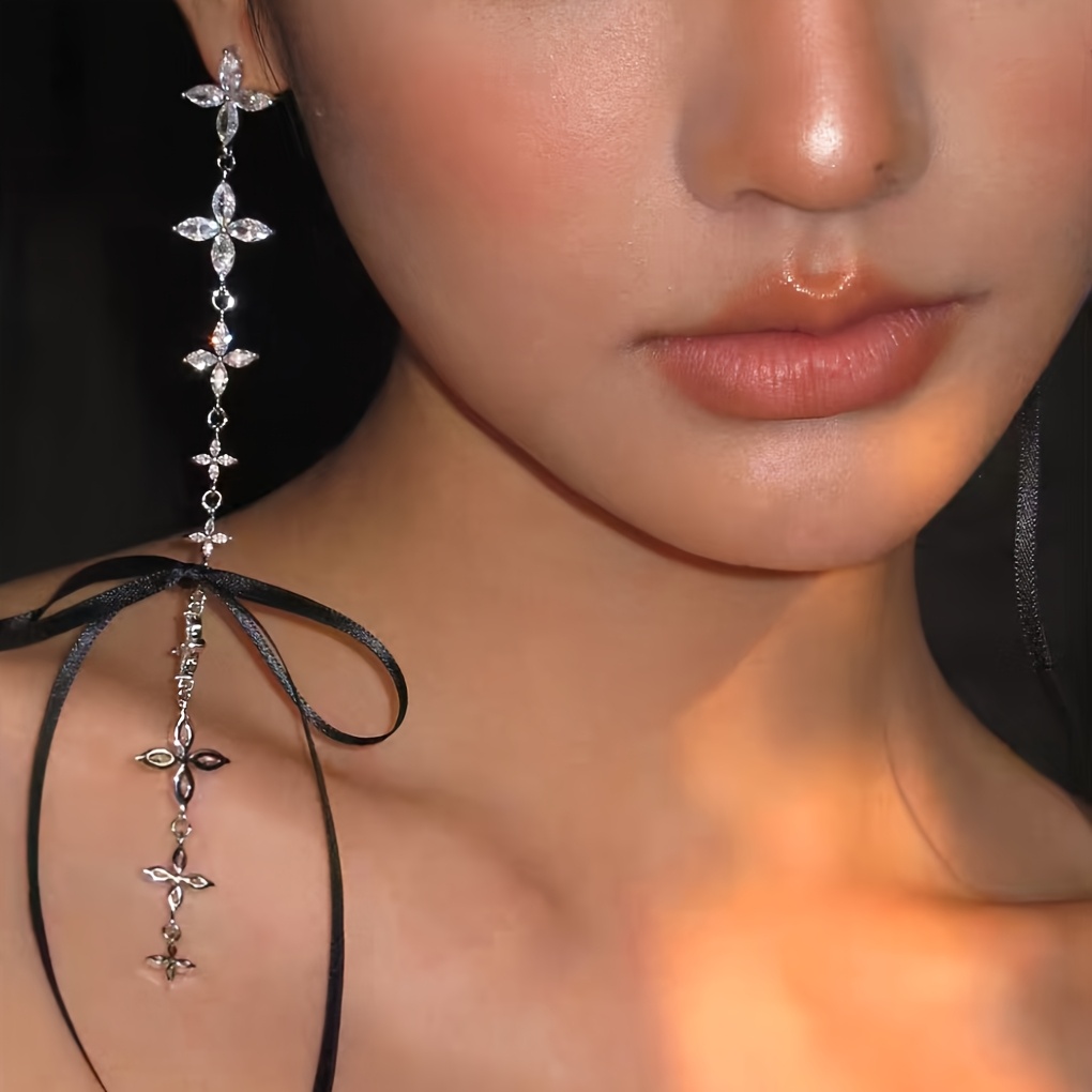 Asymmetrical Ribbon Bow Tassel Statement Stud Earrings