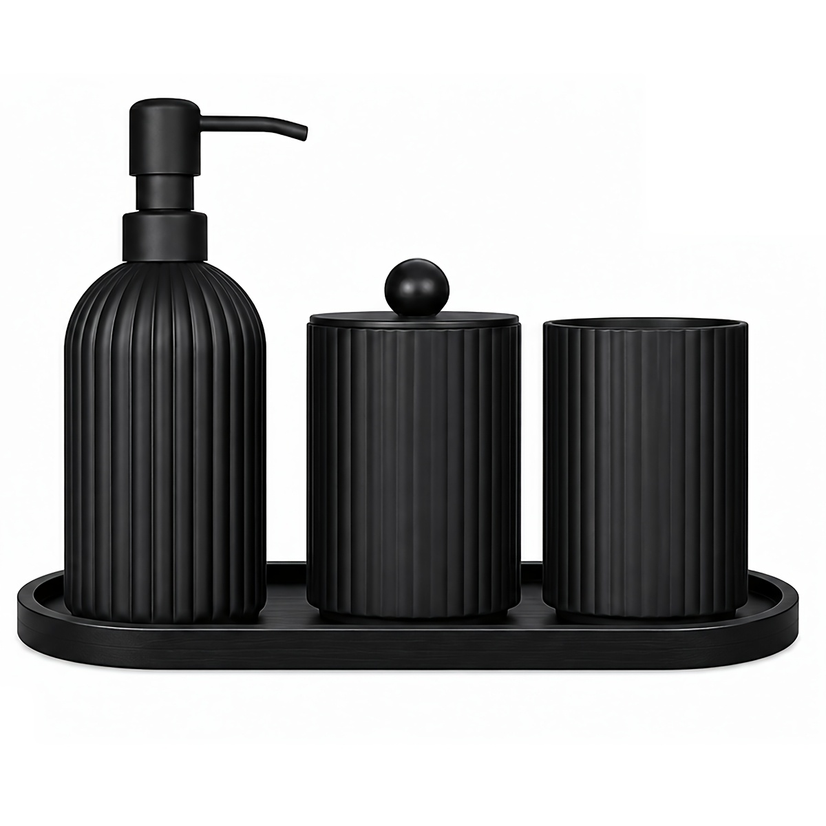 TEMU Elegant Matte Black Bathroom Set Of 4pcs, Complete Vanity Organizer Kit With Refill Soap Dispenser, Qtip Jar, Matching Tray & Toothbrush Holder