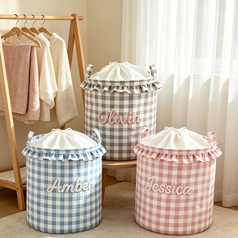 Custom Text Storage Basket - Plaid Laundry Hamper