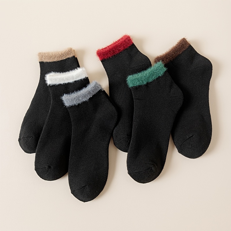 Image of 6-pack Women's Autumn/winter Thick Terrycloth -trimmed Ankle Socks, Trendy Versatile Style Warm Solid Color Socks
