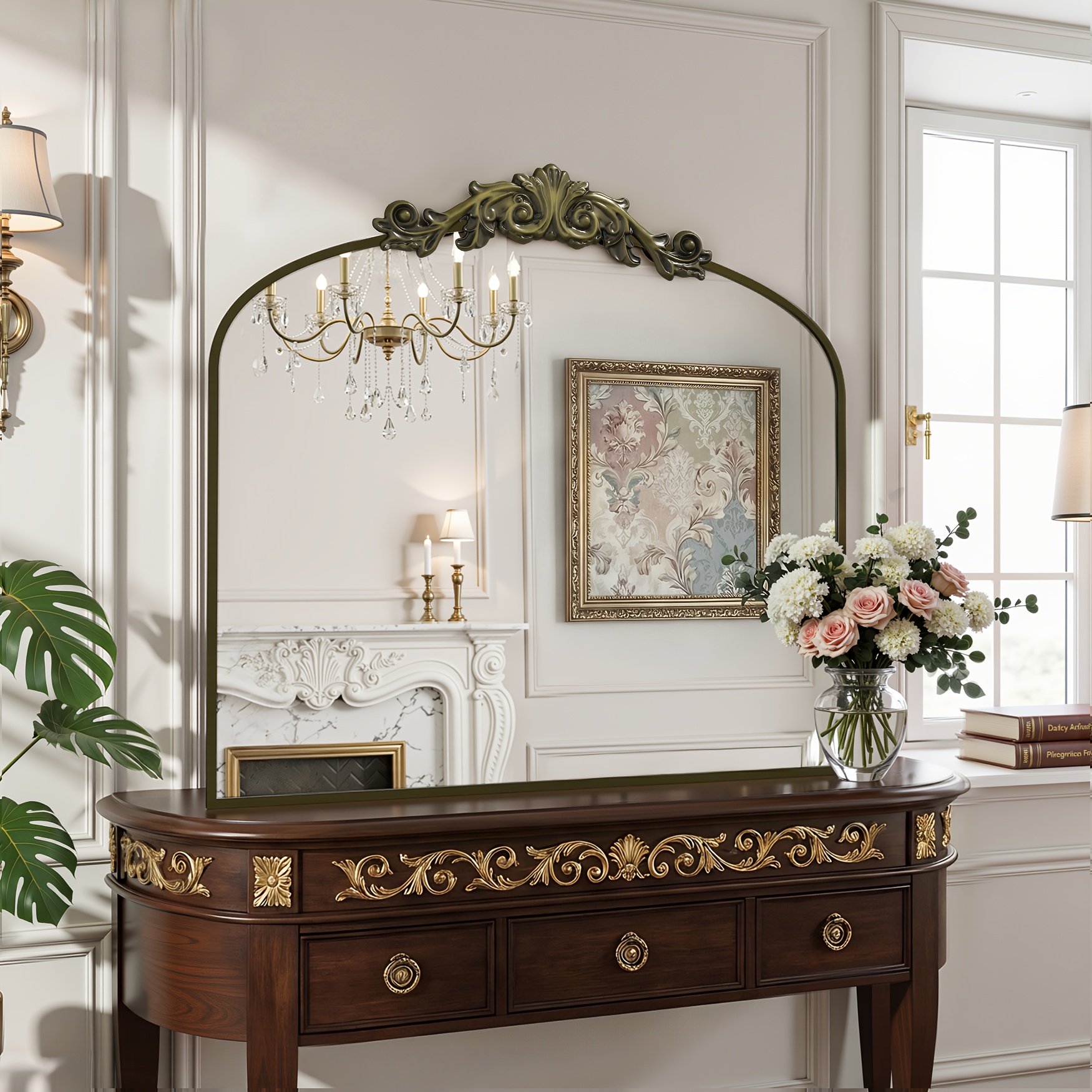 Image of Furnbar Arched Wall-mounted Vanity Mirrors, Vintage Carved Bathroom Mirror Vintage Metal Frame Wall Mirror For Christmas Decoration For Bedroom, Living Room, Entryway, Fireplace, Hallway