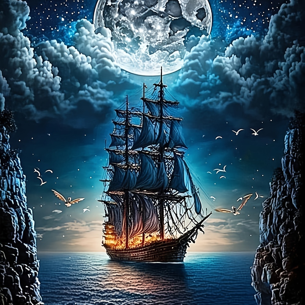 

5d Diy Diamond Painting Kit For Adults – Full Round Drill Diamond Art, Nautical Pirate Ship Under Moonlight Theme, Premium Canvas Wall Decor For Home & Craft Lovers