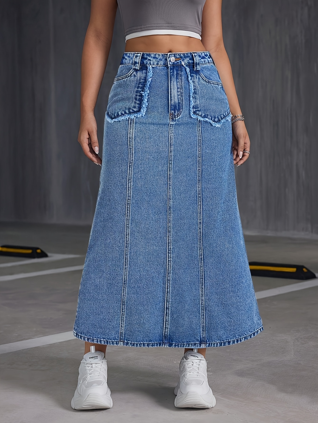 【BAON】Fico Banding Cargo Denim Long Skirt Fsqjgq Skirts for Women Pleated Skirt Blue Denim Skirt Plus