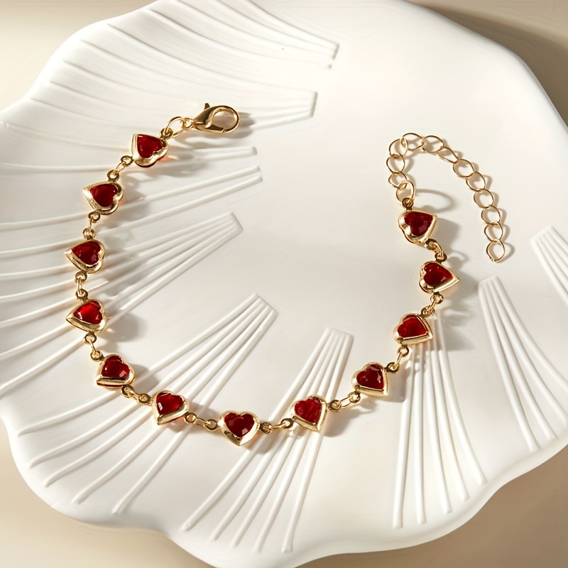 Heart Shaped Beaded Bracelet for Women with Synthetic Ruby Accents